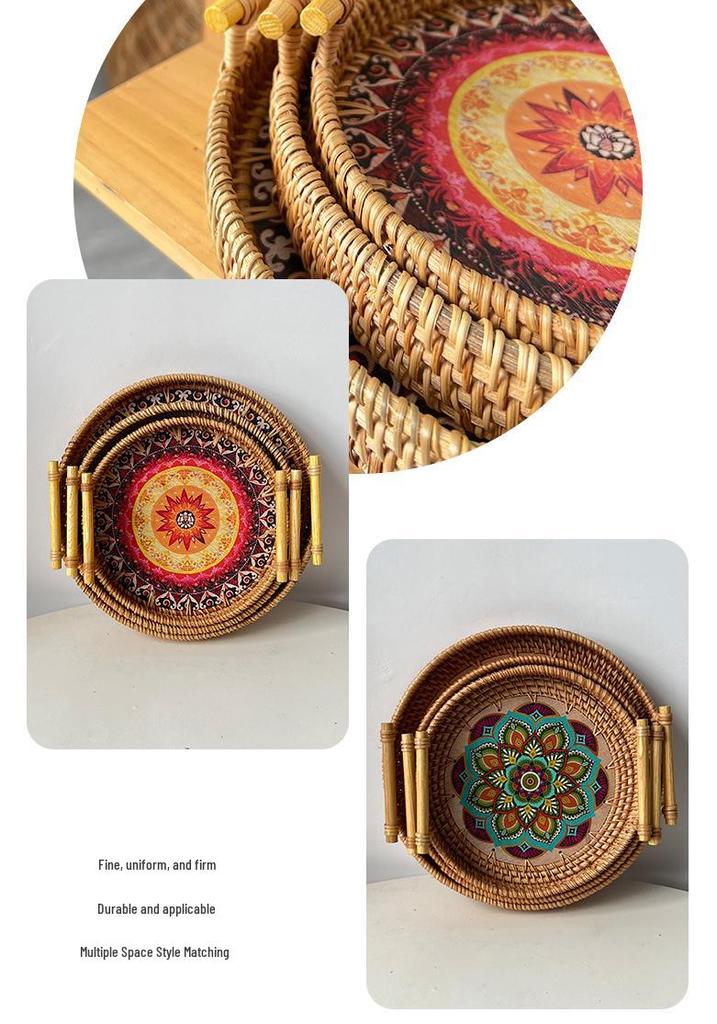 Nordische Handgefertigte Rattan Gewebte Florale Print Runde Griff Frühstückstablett