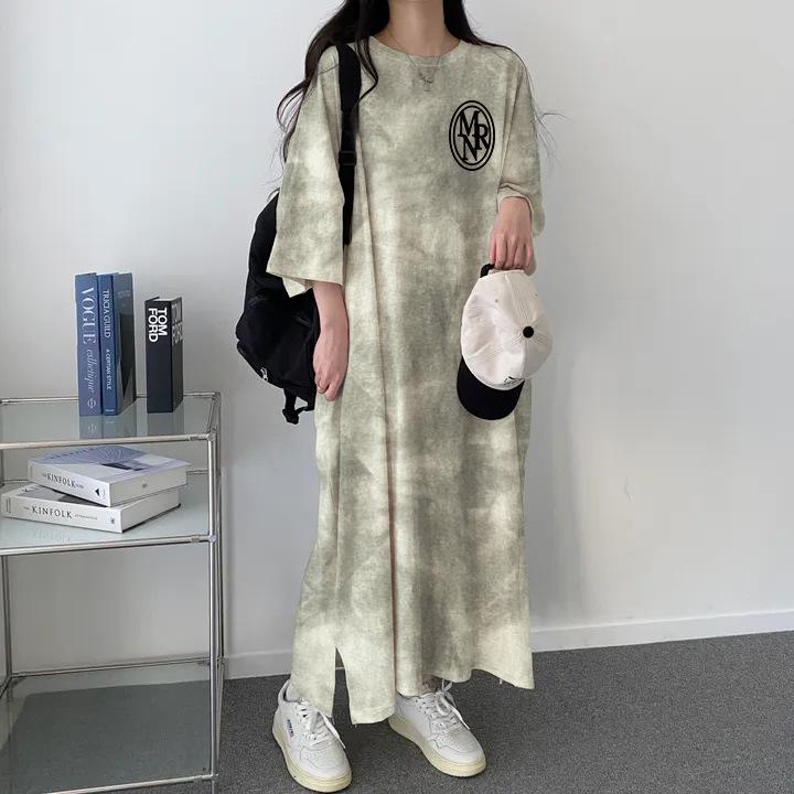 Korean Retro Tie-Dye Letter Print Slimming Casual Mid-Length T-Shirt Dress