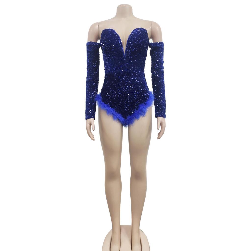 Sequined Long Sleeve Solid Color Jumpsuit with Shorts - Women's Fashion Europe America
