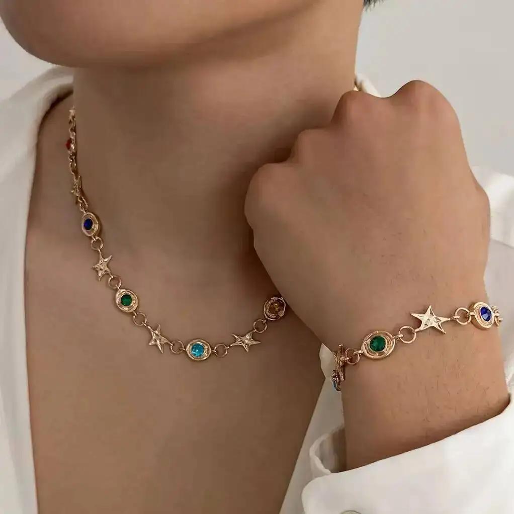 New Trendy Colorful Rhinestone Star Chain Necklace Bracelet Set for Men Vintage Punk Adjustable Jewelry Set Accessories New