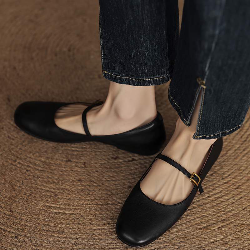 Krazing Pot Kuhleder Mode Frühling Herbst Schönheit Flach mit Damen Square Toe Schuhe Mary Janes Flache Ballerinas