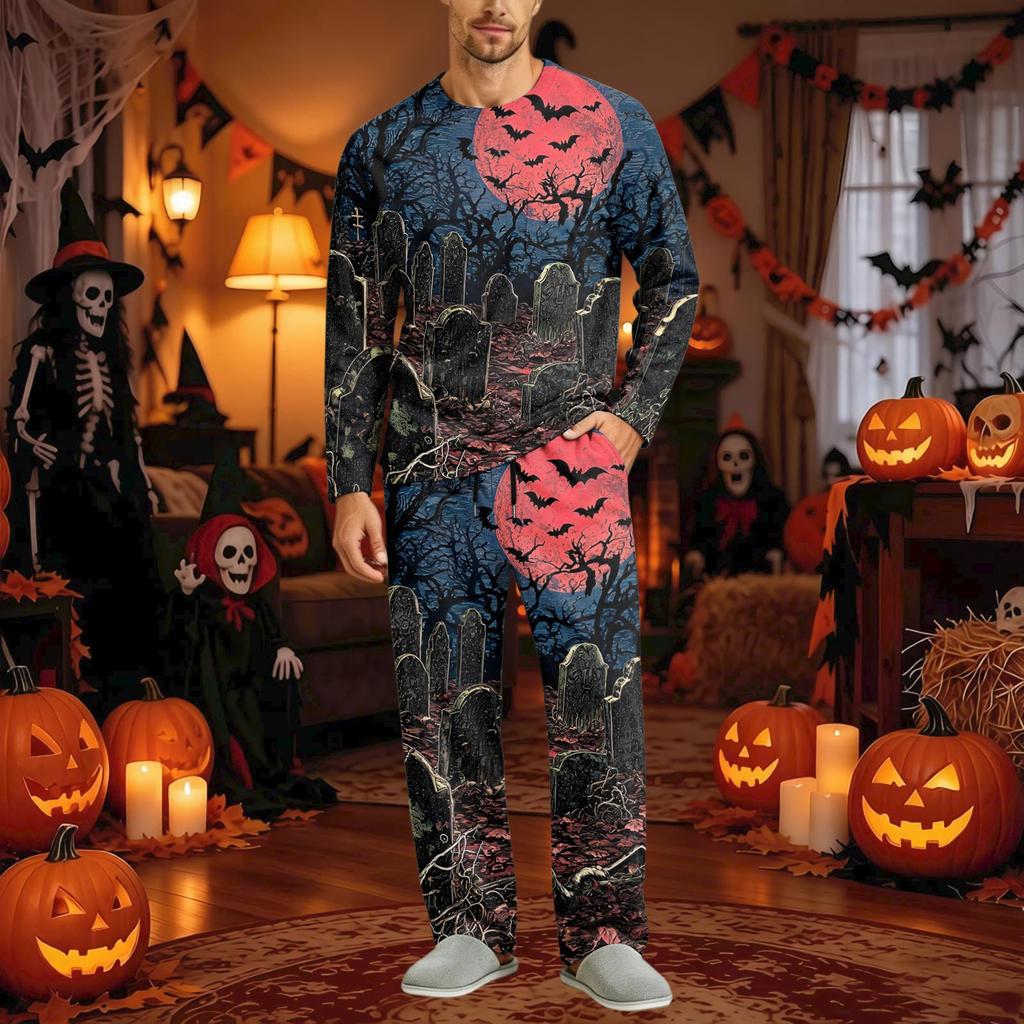Men's Halloween Pajama Set Long Sleeve Long Pants with Crotch Buttons and Elastic Drawstring Waist