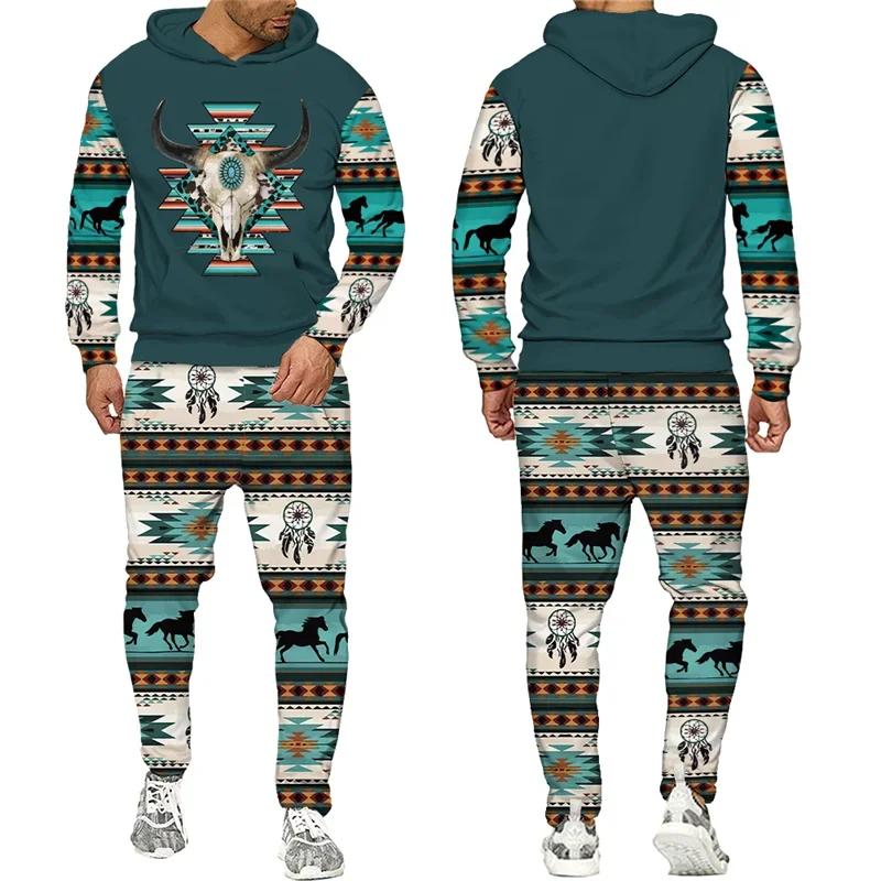 New Men 2 Pieces Tracksuit National Cow Skull 3D Print Casual Hoodies Sweatpants Sets Fashion Hip Hop Street Clothing Suits