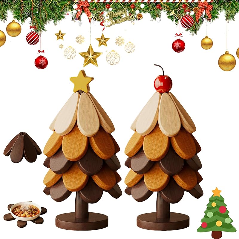 Set di Sottopentola Albero di Natale in Legno Naturale Tappetino Isolante Tavolo da Pranzo in Legno Massiccio Tappetino Anti Scottatura Pentola Regalo Festivo Creativo e Personalizzato Casa