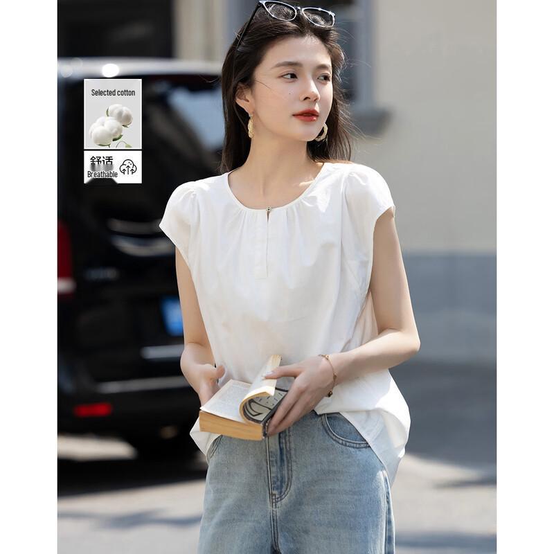 Women's Lightweight Cotton Poplin Split Neck Flutter Sleeve Blouse
