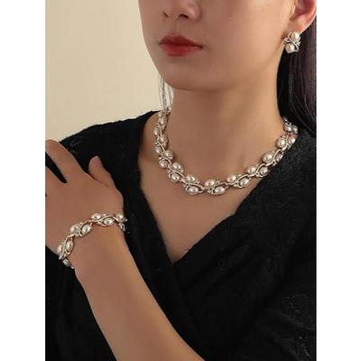 Fashion Latest Stylish Design Fancy Pearl Bracelet Earrings Necklace Jewellery Set for Women Valentine Gift for Girlfriend
