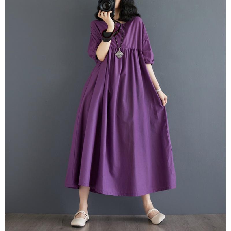 

Johnature Летнее платье Женское морское отпускное свободное платье Повседневное простое О-образное платье с коротким рукавом Свободное женское платье L фиолетовый