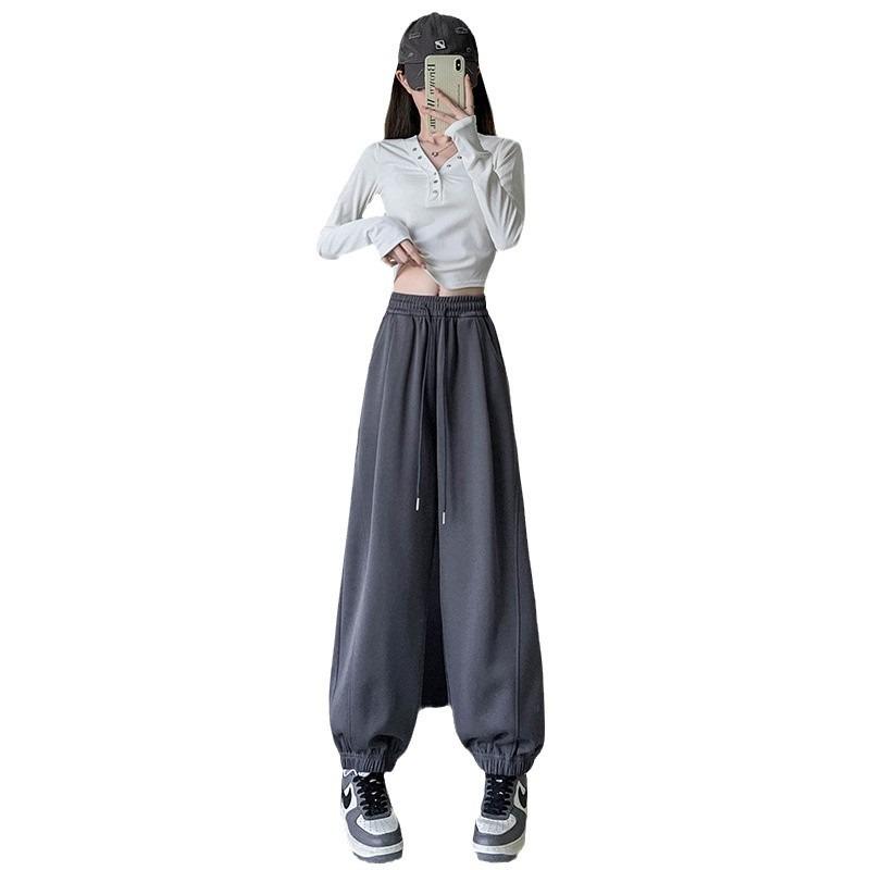 Grey sweatpants women's spring and autumn new high waist wide legs thin sweatpants small casual tied feet Harlan pants