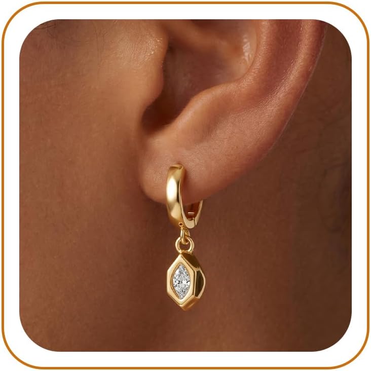 14K Gold Plated Dangle Hoop Earrings for Women Drop Jewelry Gifts | Trendy Chunky Statement Huggie Earring Cubic Zirconia Crystal Charm Lightweight