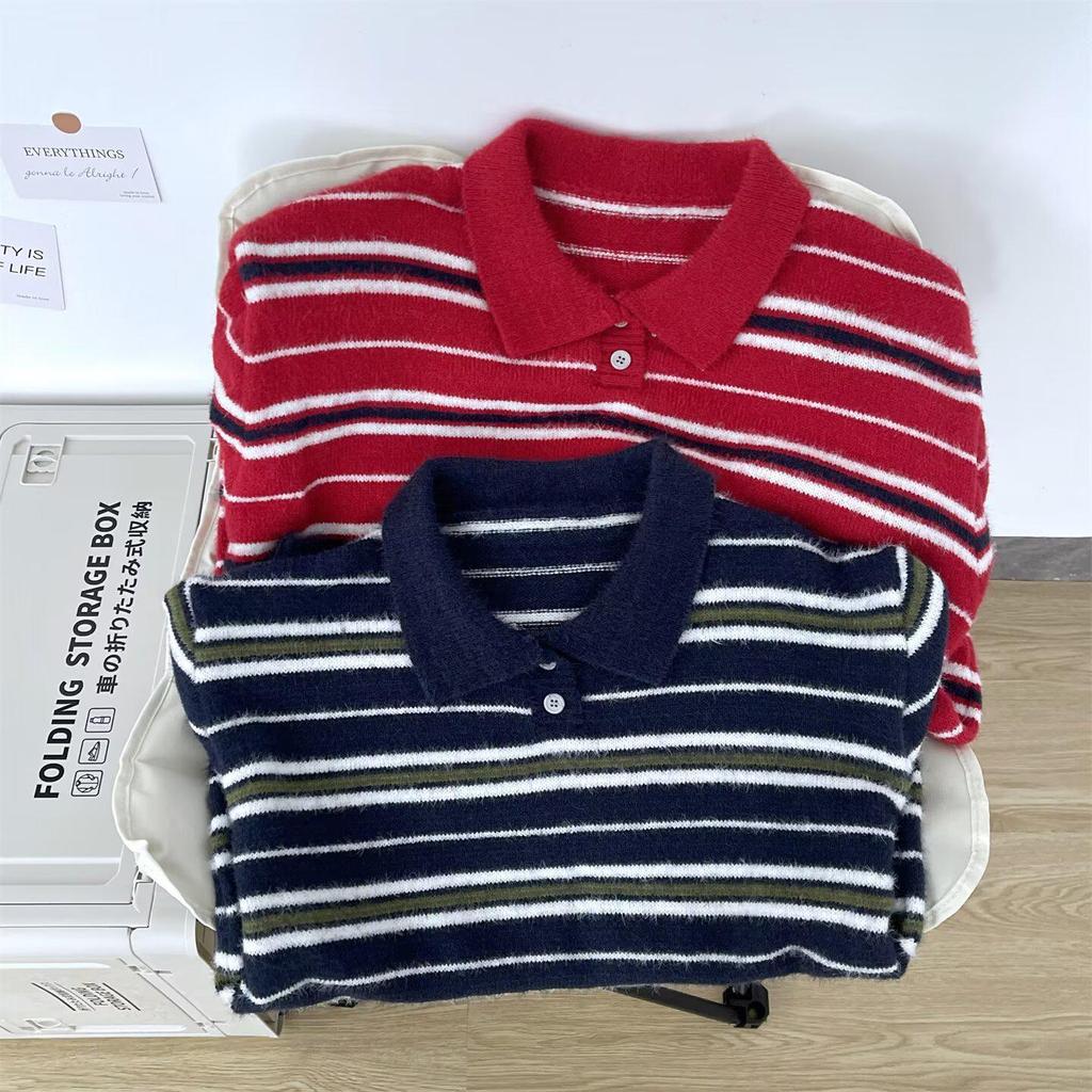 Men's Autumn/Winter High-End Retro Polo Collar Striped Mink Fur Sweater