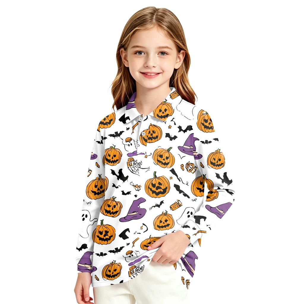Girls School Uniform Long Sleeve Top with Halloween Print