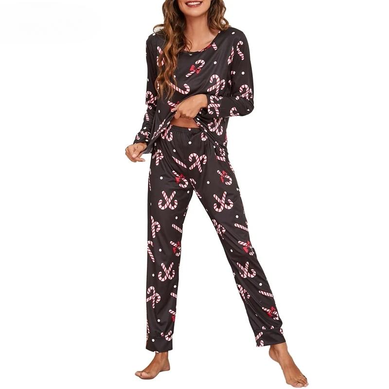 Christmas Printing Black Long Sleeves Full Pants Pijama Spring Milk Silk Sleepwear Loungewear Autumn Women Pajama Set