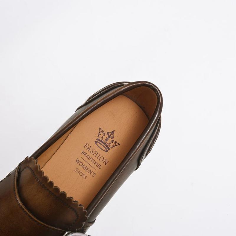 Fashion Women's new leather cowhide round toe mid heel metal belt buckle college style single shoe retro casual shoes