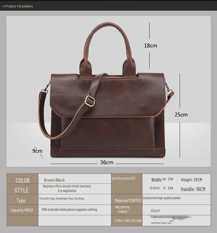 Koreańska Męska Torba Kurierska Retro Business - Skóra Crazy Horse na Ramię i do Ręki, Teczka Podróżna