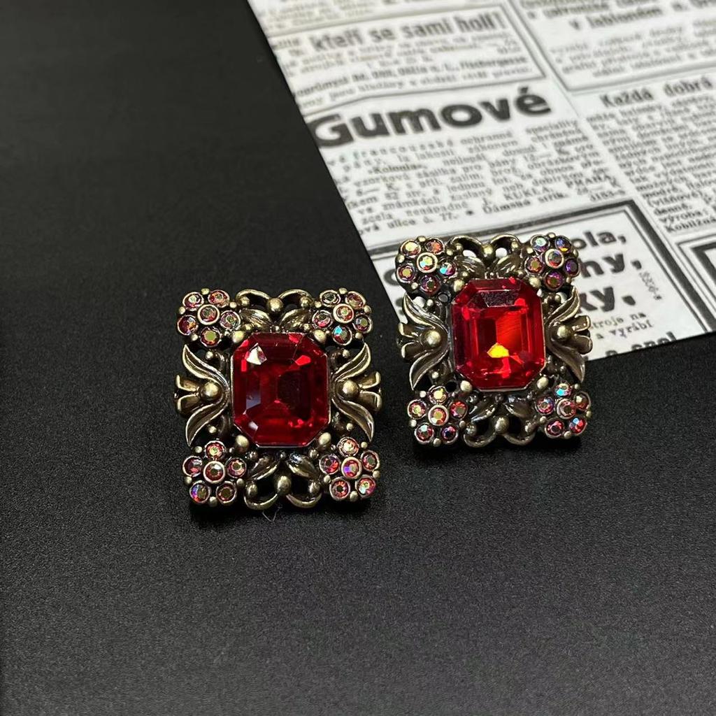 Antique Jewelry Vintage Large Ruby Earrings Heavy Industry Palace Style Geometric Square Rhinestone