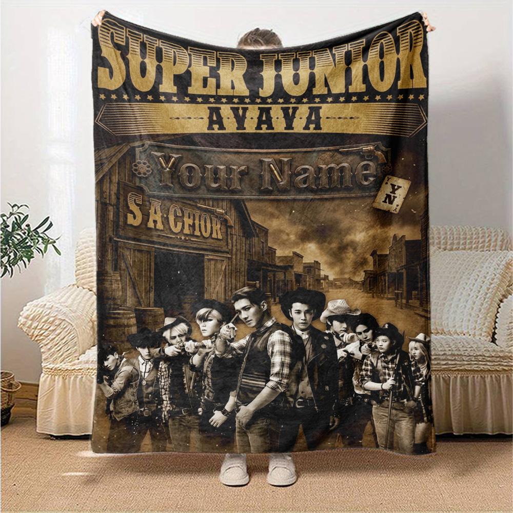 Name Custom Super Junior Poster Print Flannel Blanket High Quality Warm Comfortable Cover for All Seasons Perfect for Gifts Home Decor