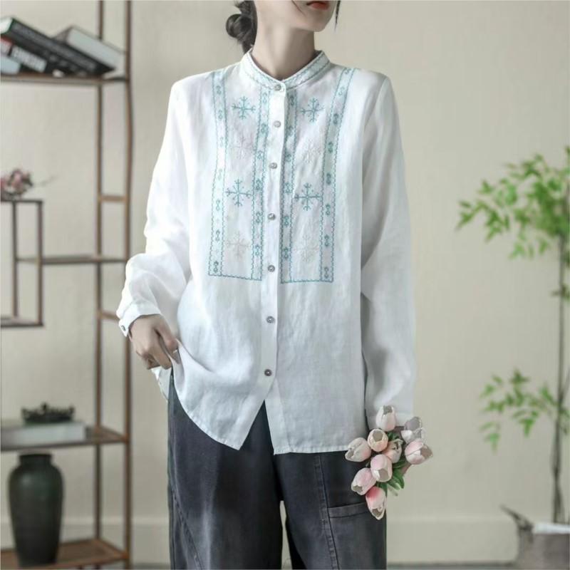 Johnature Cămașă vintage cu broderie de nișă de toamnă pentru femeie, cămașă cu mâneci lungi, cu un singur piept.