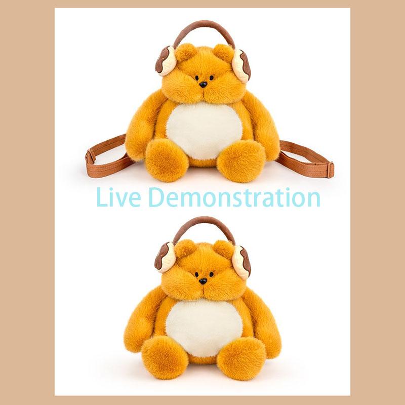Kawaii Bear Plush Backpack Squishy Fluffy Animal Shaped Bag For Girls Casual Daily Use Cartoon School Bag With Headphone Design