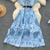 Kobiety Różowa Długa Sukienka Letnia Francuska Retro Krótki Rękaw Drukowane Sukienki Imprezowe Damskie Wąskie A-line Elegancka Długa Suknia Vestidos