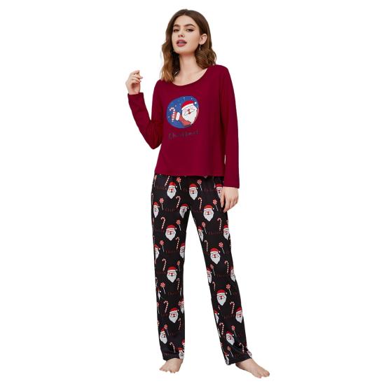 

Женский пижамный комплект Осень Зима 2 предмета Домашний костюм Топ с длинным рукавом и брюки Свободный пижамный комплект Рождественская тематика Одежда для сна S вино красного