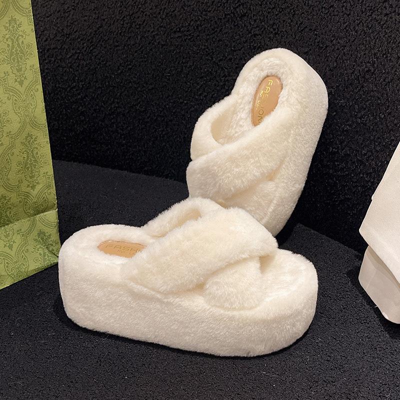 2025 Large Size Spring and Autumn New Thick-soled Fluffy Slippers Wear Simple Fashion Casual Cross Plush Slippers