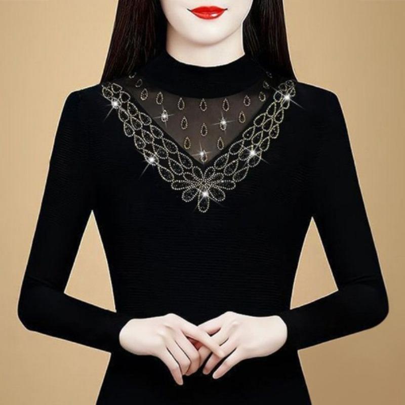 Pullover Base Shirt for Women Long-sleeved Winter New Style Mesh High-end Stylish Half-high-neck Ironing Top