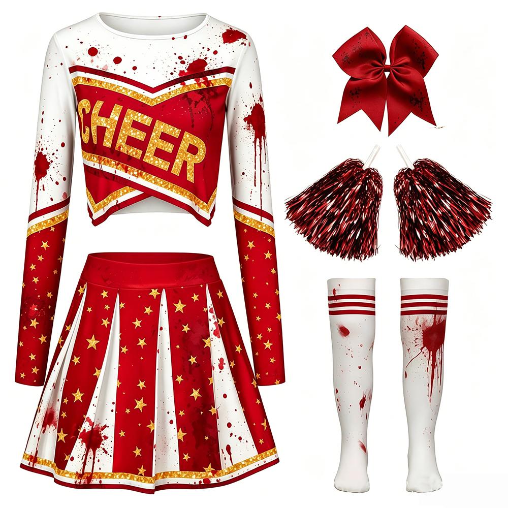 Zombie Cheerleading Uniform Women's Long-sleeve Cheerleader Performance Top Short Skirt Pom-pom Halloween School Student Costume