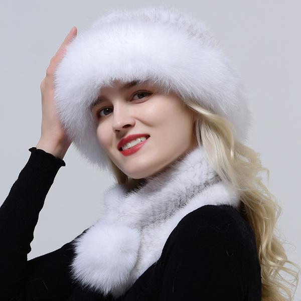 Hot Sale Rex Rabbit Fur Hats Scarf Set Elastic Knitted Winter Hat Women Genuine Warm Fur Caps Luxury Woman Fox Fur Bucket Hat