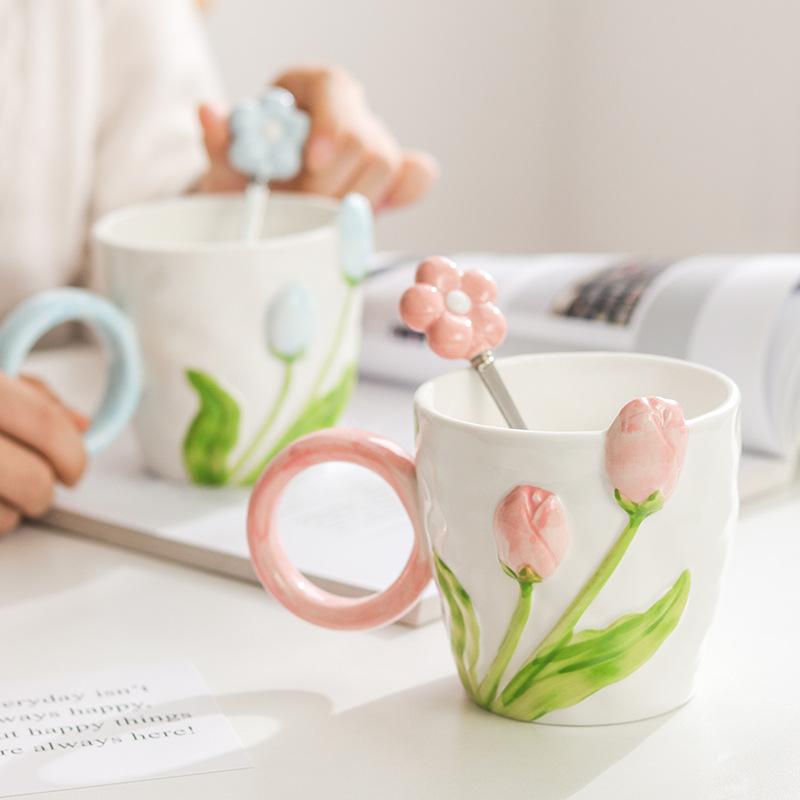 Ins High Value Tulip Mug Niche Design Sense Ceramic Cup for Girls Drinking Water Cup Coffee Cup for Home Use