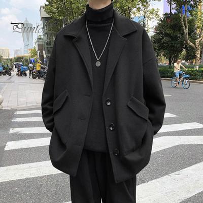 Men Woolen Coat Lapel Long Sleeve Single Breasted Windbreaker Solid Color Loose Fit Mid-length Coat with Pockets Formal Wear