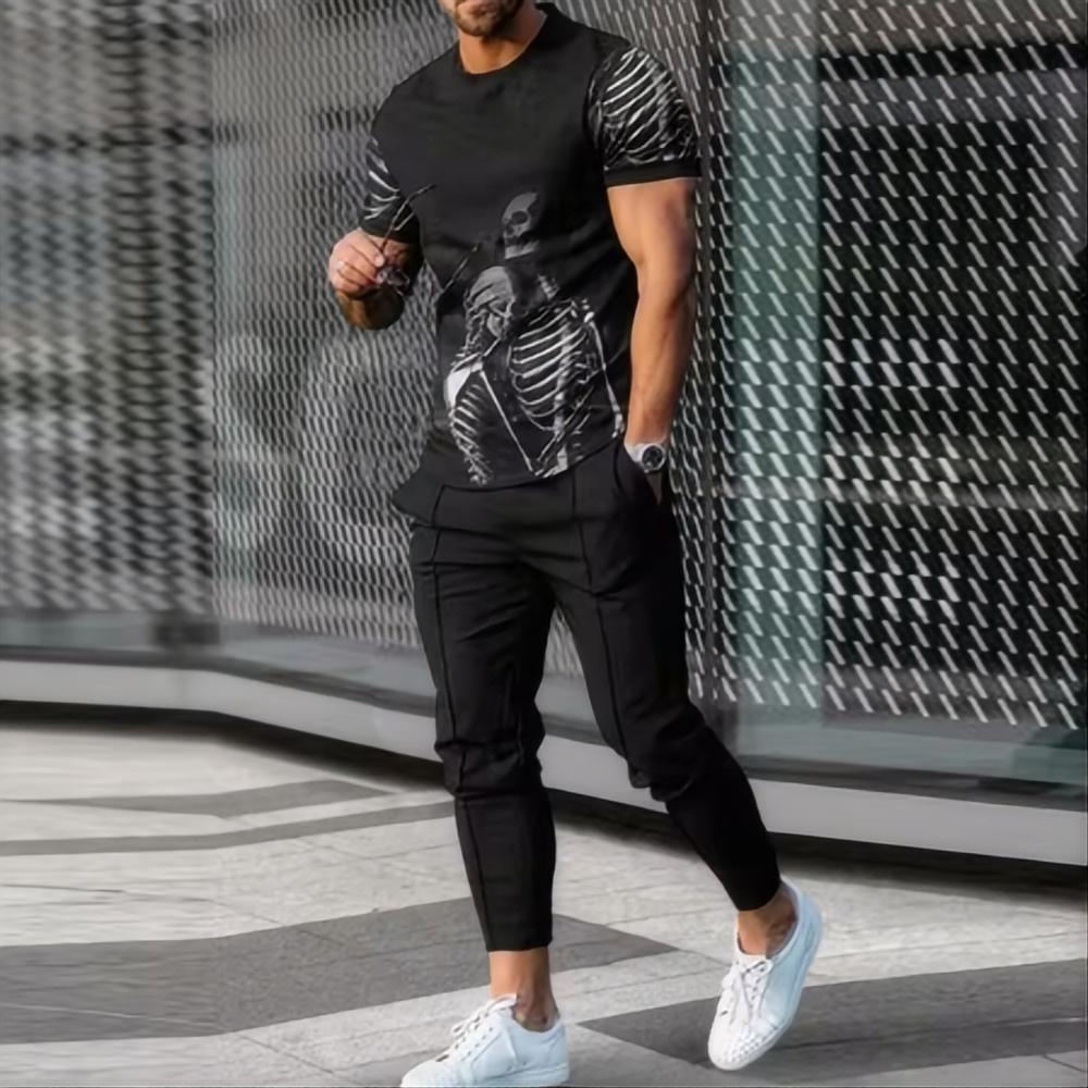 Men's Sports Set Jogging Suit Printed Summer Fashion Fun Short Sleeved Men's T Shirt Pants Set
