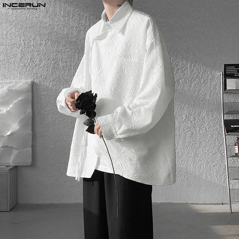 INCERUN Oversized Men Turn Down Collar Long Sleeve Side Cross Irregular Texture Shirts Tops