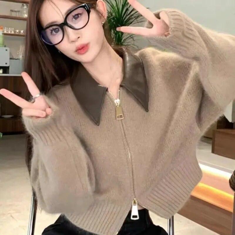 Polo Leather Collar Double Zipper Cardigan Women's Knit Short Coat  Long Sleeve Sweater Slim Retro Style Fashion Autumn Winter