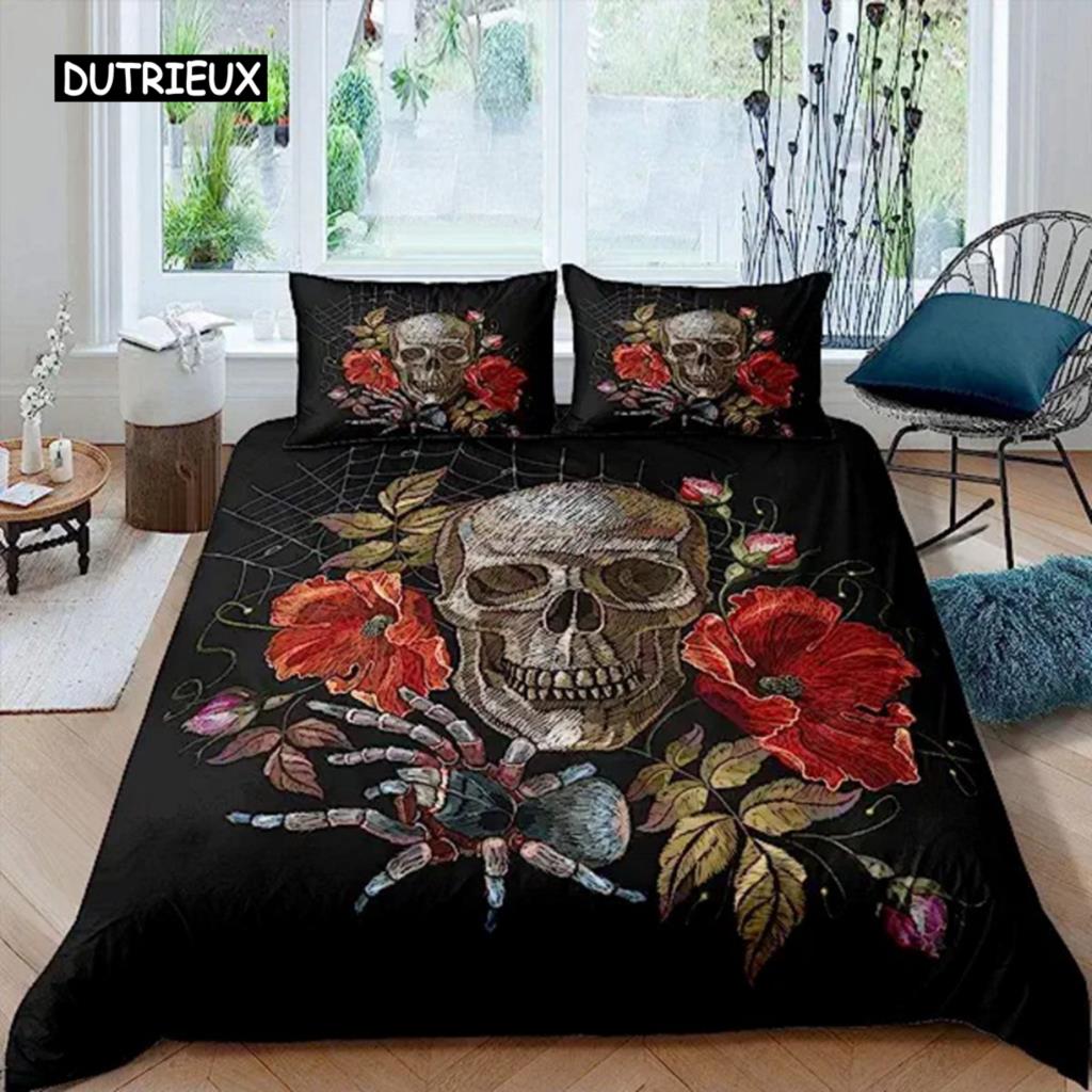 Sugar Skull Segas pārvalks Pusaudžu meitenes gultas veļas komplekts Sugar Skull Decor Gultas veļa Galvaskauss Skelets Rozes Ziedu apdrukas segas pārvalks Dekoratīvs
