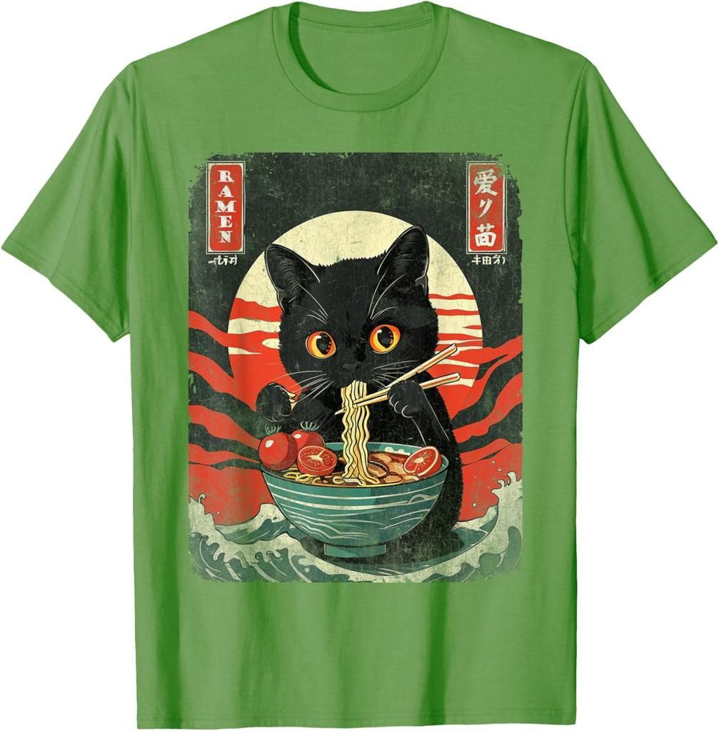 Black Cat Eating Ramen Japanese Style Graphic Tee Men Casual Short Sleeve T-Shirt
