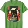 Black Cat Eating Ramen Japanese Style Graphic Tee Men Casual Short Sleeve T-Shirt