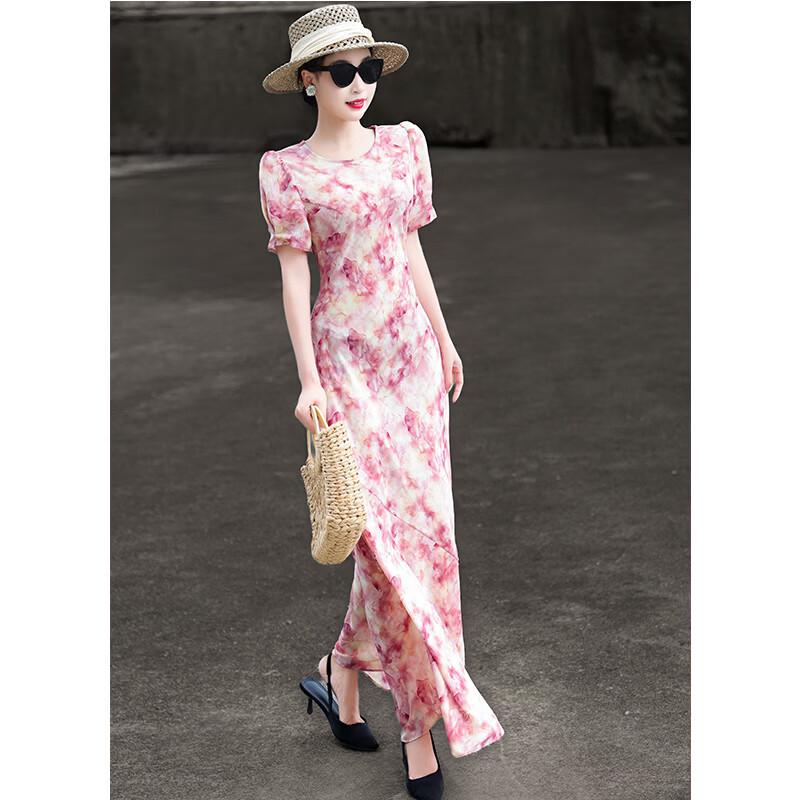 Elegant French Style Printed Puff Sleeve Maxi Dress S