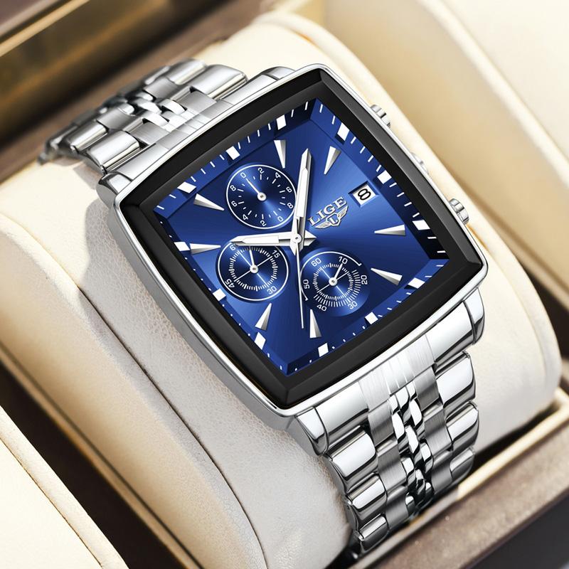 LIGE Luxury Square Sport Man Wristwatch Waterproof Luminous Chronograph Quartz Men's Watches Stainless Steel Men Watch Reloj