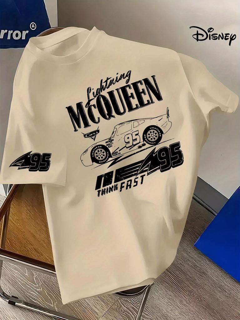 MINISO Lightning McQueen 95 Year Old Adult T-shirt Light Blue Racing with Flash McQueen Text Short Sleeve Couple Print