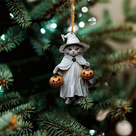 Halloween Cat Ornament Cute Cat with Witch Hat Pumpkin/Skull Hanging Decoration 2D Flat Acrylic Car Rearview Mirror Charm Christmas Tree Decoration