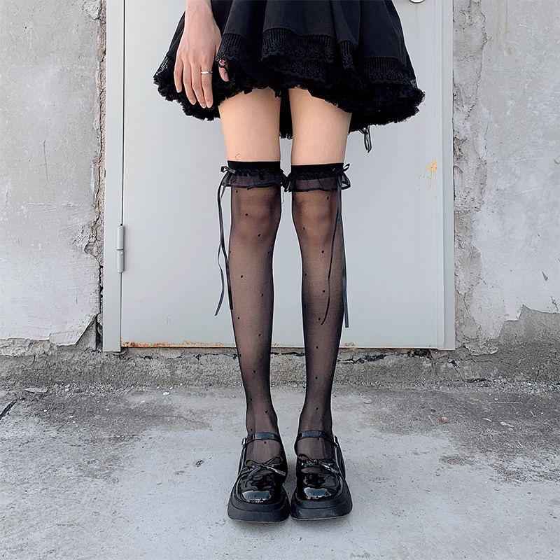 Women's Summer Lace Trim Over-the-Knee Black Stockings - Sexy Slim JK Calf Socks