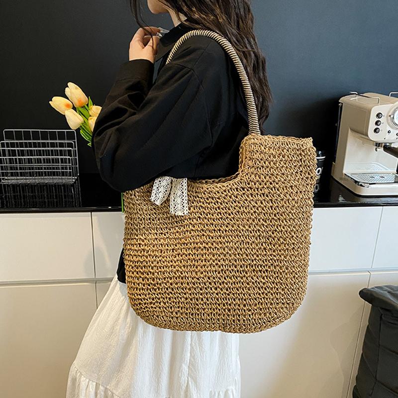 Yogodlns Woven Beach Bag Vintage Handmade Woven Shoulder Bag Raffia Rattan Bags Bohemian Ladies Summer Travel Vacation Casual Tote Bag