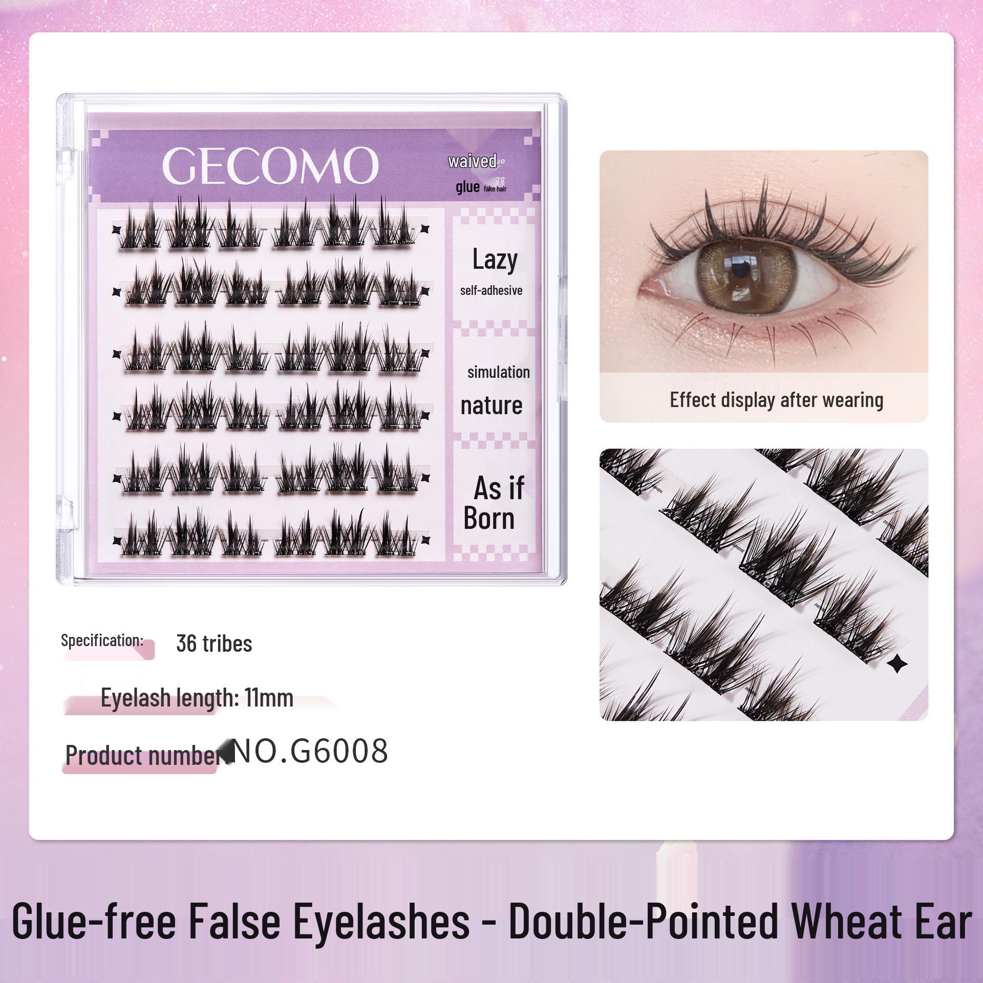 GECOMO Glue-Free False Lashes: Pure Desire Cat-Eye or Elf Cluster Self-Adhesive Eyelashes Single Box