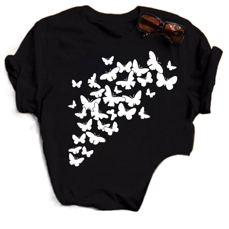 T-shirt da Donna a Maniche Corte Retro Colorata con Farfalle Stampate in 3D per Primavera/Estate