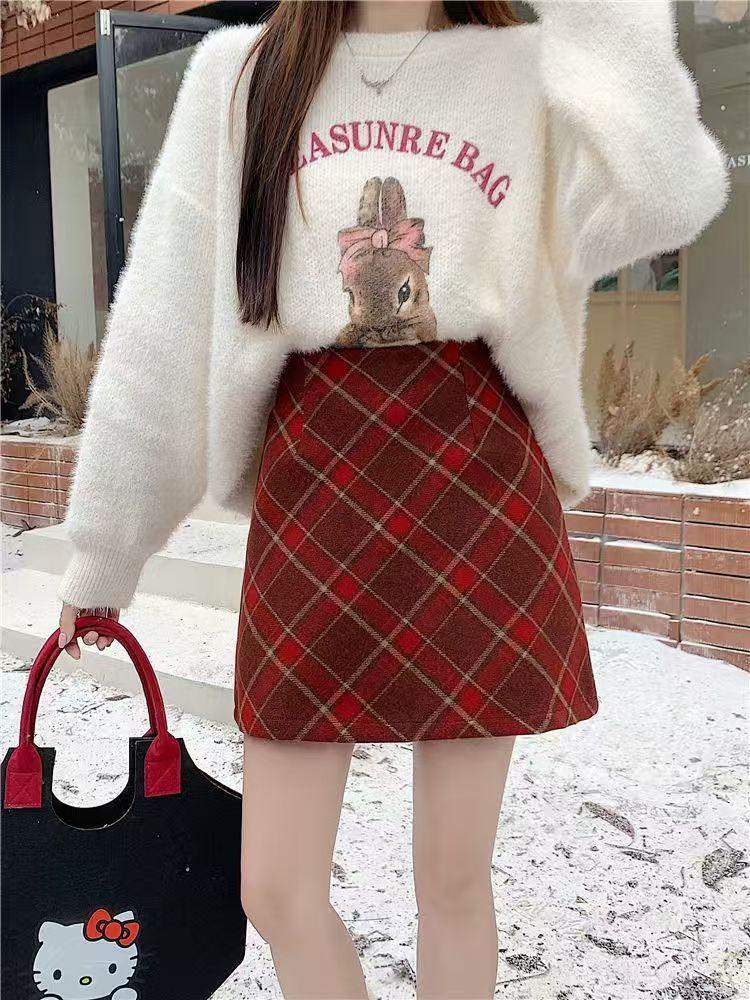 Women s High-Waisted Plaid A-line Skirt - Autumn Retro Style, Slimming, Petite, Versatile, Hip-Hugging. Extra Extra Large красный