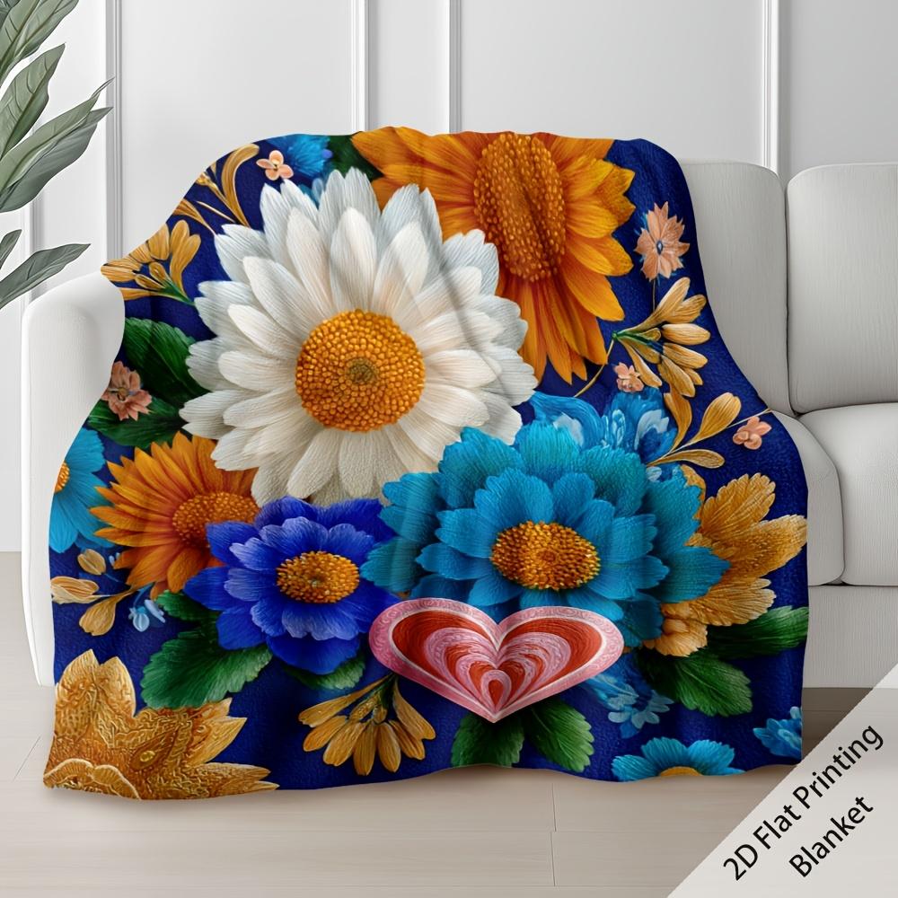 (2D Flat Printing) 1pc Happy Valentine's Day Vibrant Floral Hearts Print Blanket - Lightweight Flannel Throw for Sofa Bed Travel C