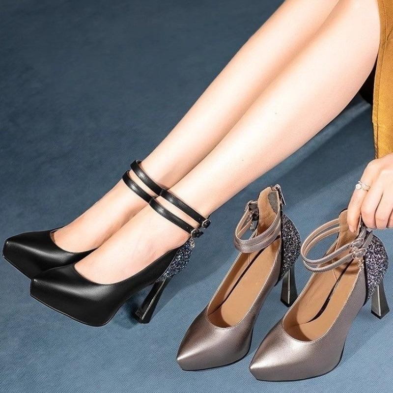 Fashion Super High Heel One Strap Stiletto Shoes Women's Fashion Pointed Toe Shallow Rear Zip Sequin Single Shoes