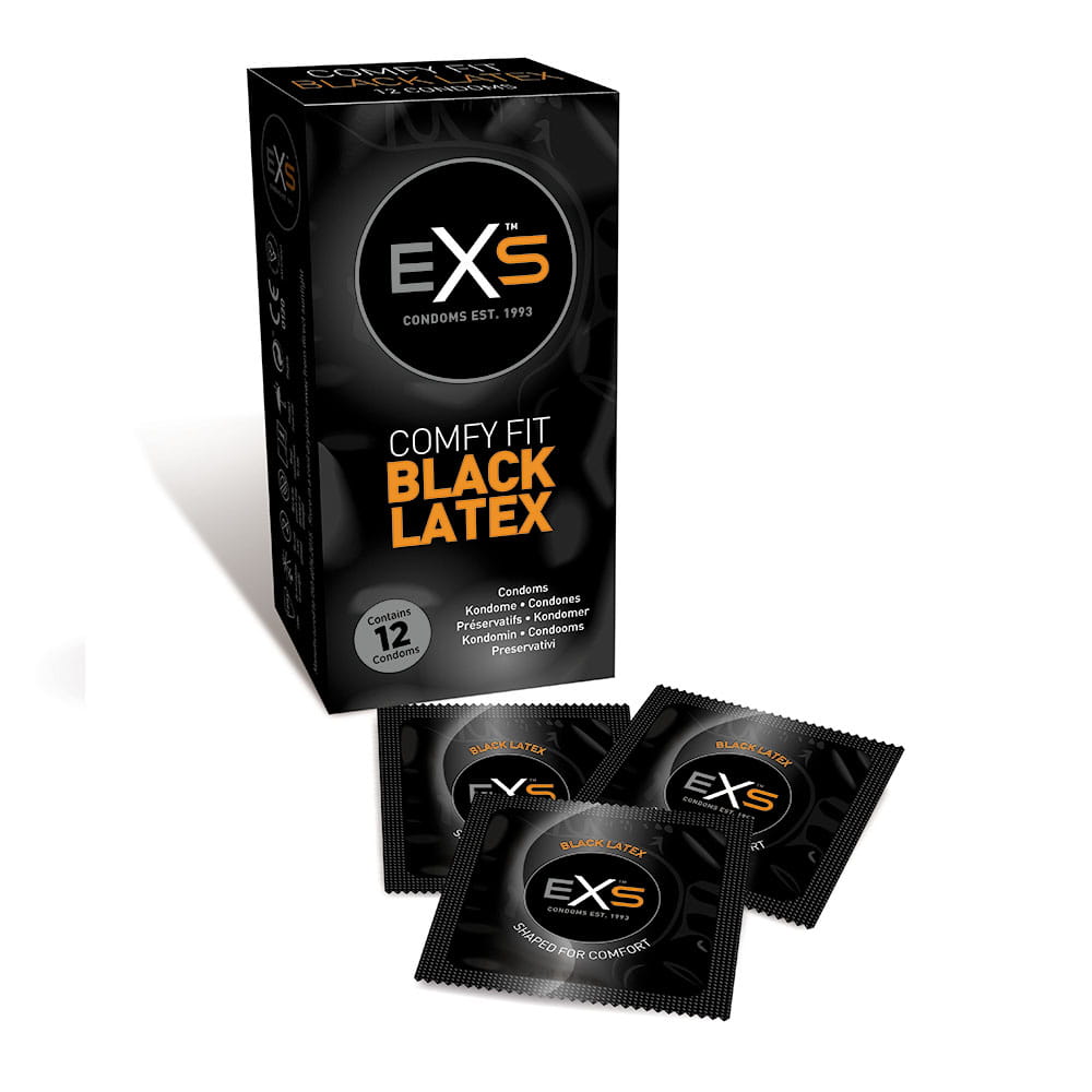 EXS Comfy Fit Black Latex Condoms 12 Pieces.