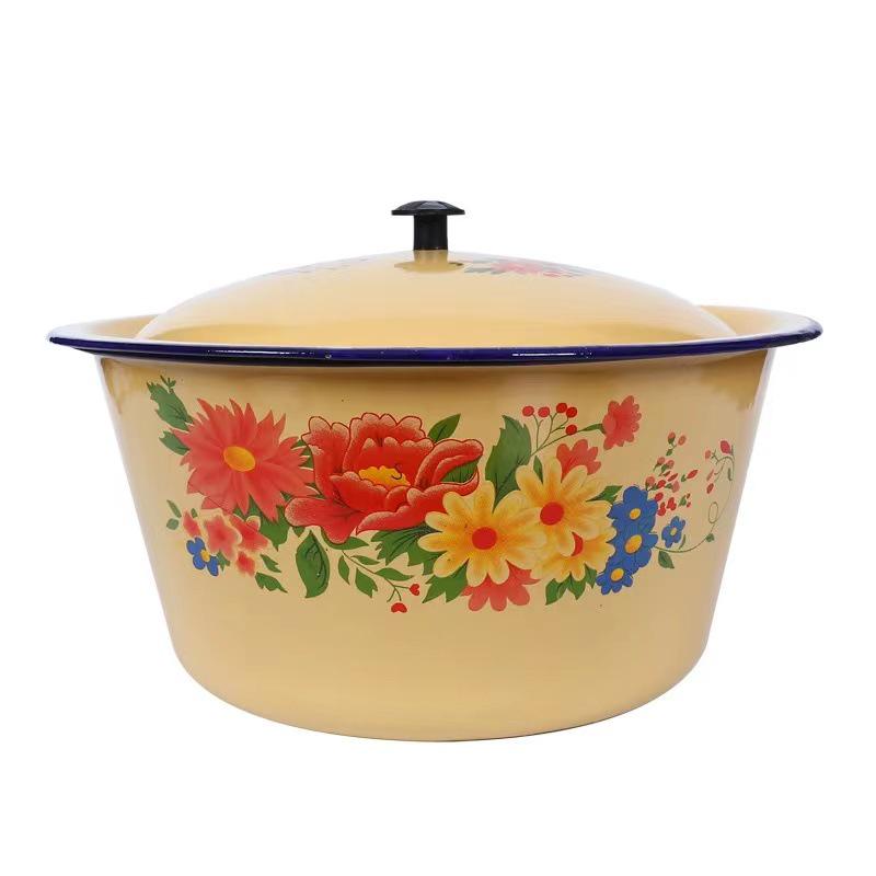 Enamel Bowl with Lid: Versatile for Cake Preservation, Washbasin, Soup, Dumpling Filling, Dough Kneading, and Boiling Medicine.