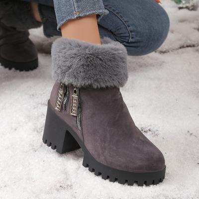 Large Size Snow Boots for Women's Winter New Velvet Thick Heel Flip Hair for Women's Short Boots and Zipper Cotton Shoes for Women